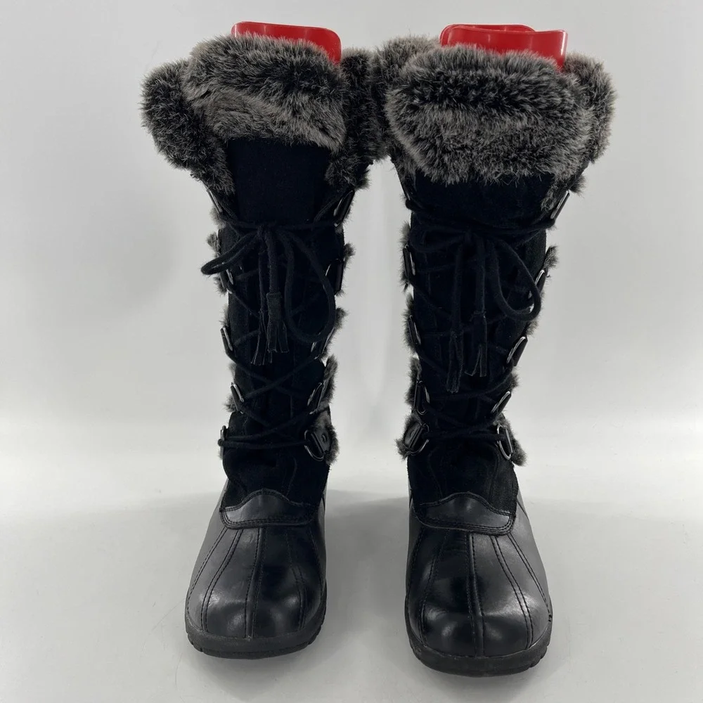 Vintage Nine West Knee High Womens 10 M Black Tall Mucker Duck Leather Suede Fur